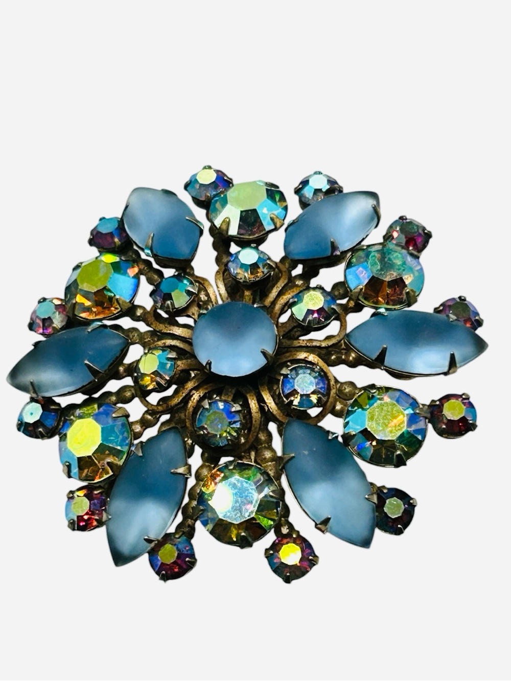 Vintage Frosted Blue Glass AB Rhinestone Brooch